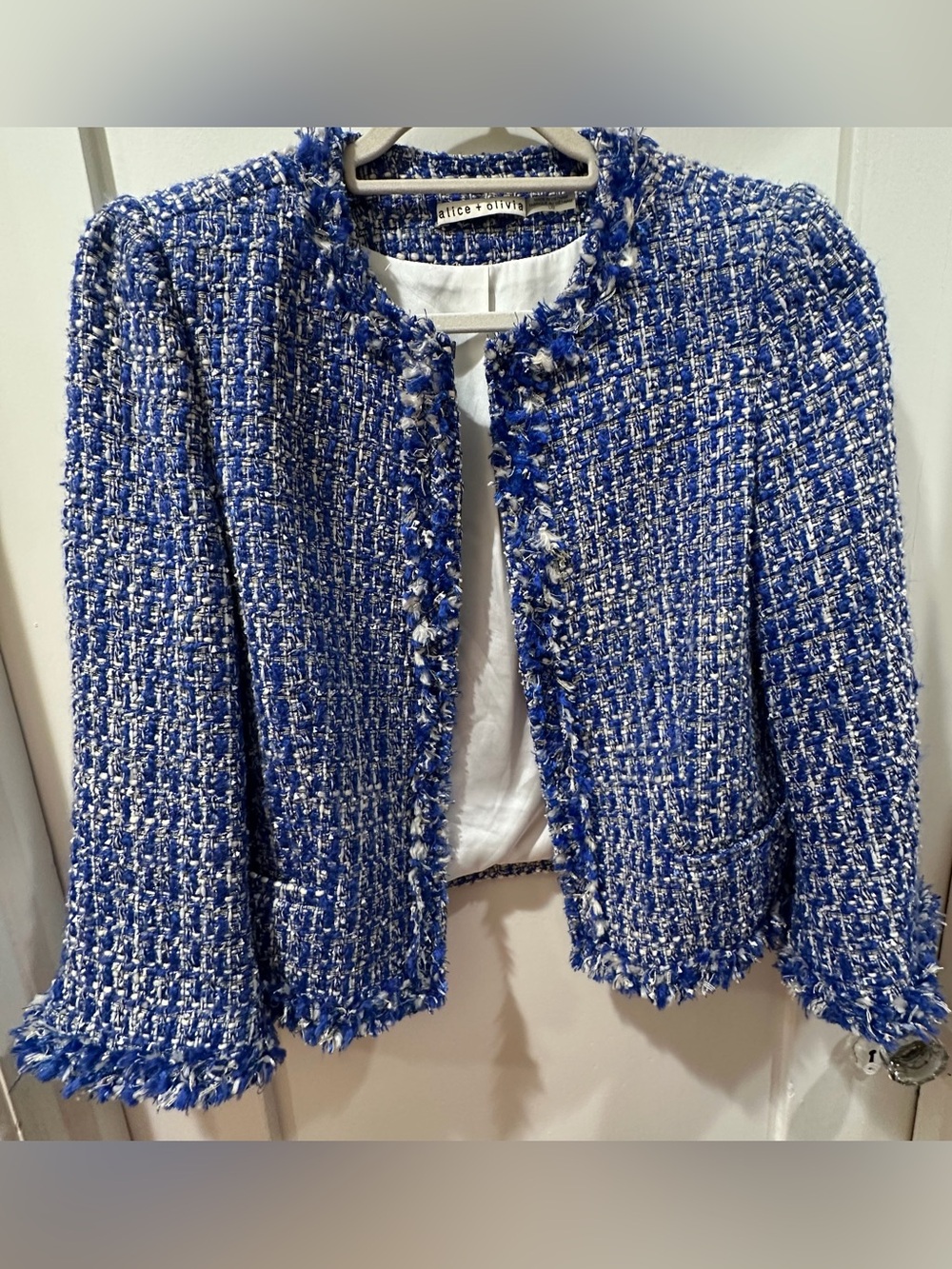 Alice + Olivia Blue Bouclé Fringe-Trim Tweed Jacket